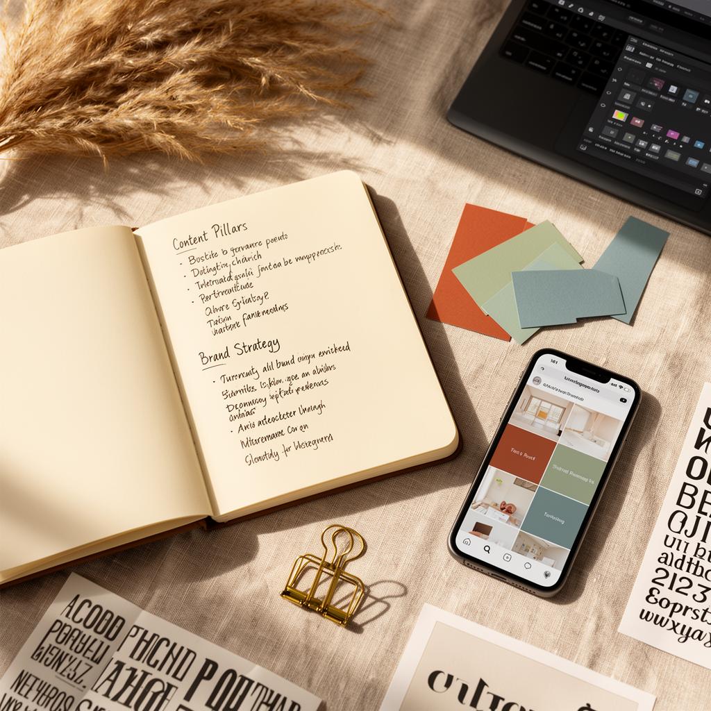 Branding studio desk flat lay with content pillars notebook, color swatches, and a phone showing an Instagram grid